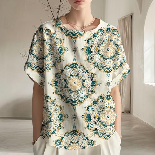 2025 Summer Linen Boho Shirts for Women Floral Print Blouse with Button Round Neck Short Sleeve Relaxed Draped Tops2