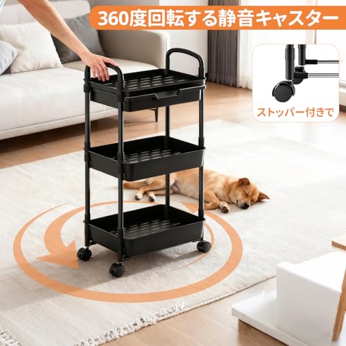 KAMANINA キッチンワゴン 3段収納ラック 移動式ラック キャスター付き 引き出し付き モバイルワゴン スリム設計 簡単組み立て オフィス バスルーム リビング ダイニング 多目的 コンパクト収納 ブラック [2]