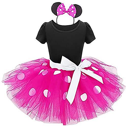 Girls Princess Cartoon Polka Dots Birthday Tutu Dress Up Costume Leotard Ballet Gymnastic Skirt +Mouse Ear Clothes Set Hot Pink+Black(Big Dots) 5 Years