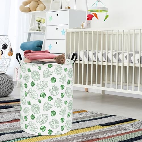 QUEENLALA Large Foldable Round Storage Basket Laundry Hamper, Green Leaf - 5