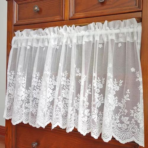 田園風 おしゃれ 無地 カフェカーテン 刺繍 花柄 白いレースカーテン パーティション 玄関口 半窓カーテン 目隠し 間仕切り キッチン用 お風呂 小窓用洗面所 居間 喫茶店 1個 幅200cm×丈107cm ホワイト