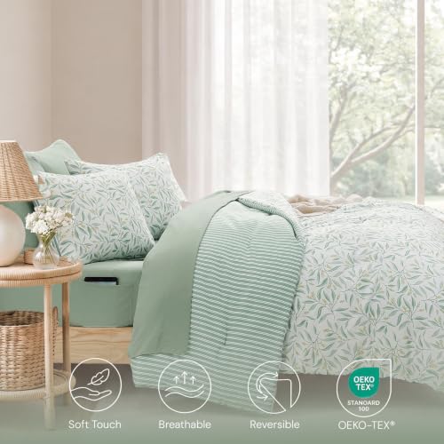 Image of Monbix Full Size Comforter Sets - 7 Pieces Floral Reversible Bed in a Bag | Botanical Bedding Set with Sheets, Pillowcases & Shams for All Seasons, Green