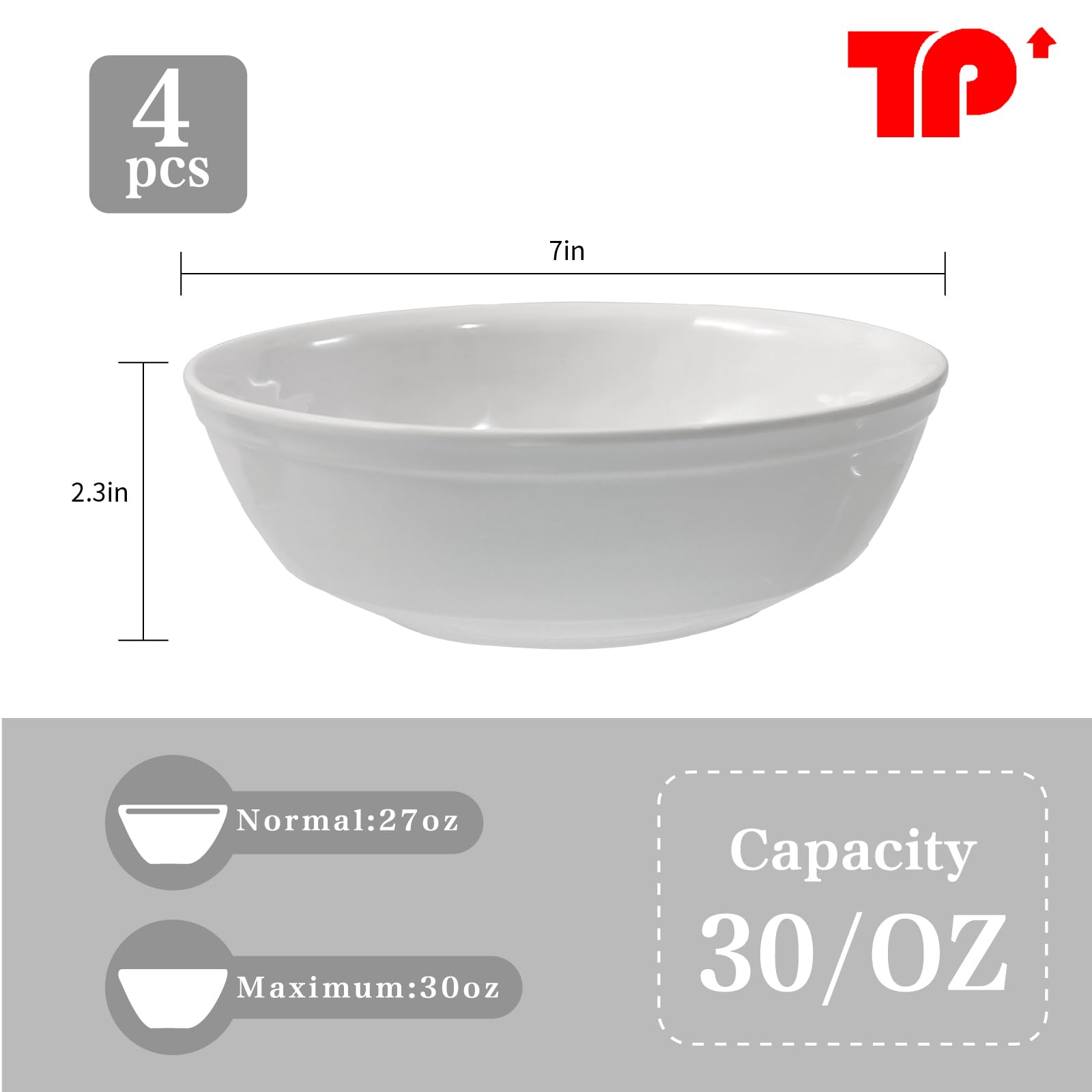 TP 4-Pc 7'' Meal Bowls Set, Service for 4, 28 Ounce Melamine Large Pasta Bowls, Durable Serving Bowls Compact Stack Bowl Set, White