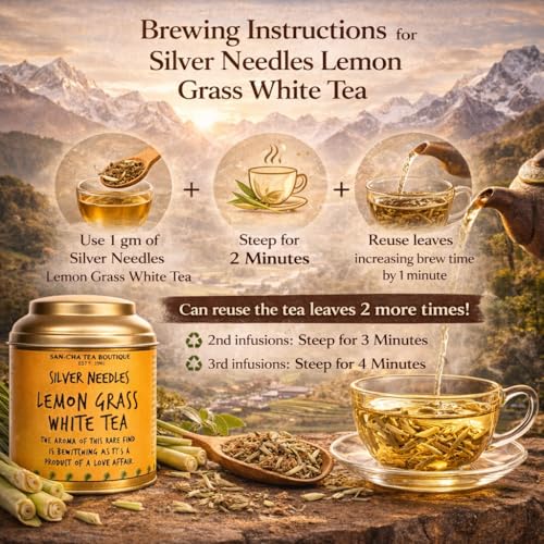 Image of Sancha Tea Boutique, Lemongrass White Tea, 25g Loose Leaf, Pure Silver Needle Buds with Lemongrass, Antioxidant Rich, Caffeine Light & Calming Herbal White Tea