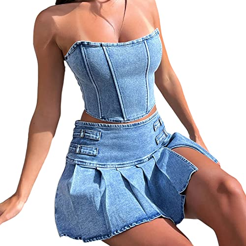 Women's Denim 2-Piece Set - Off-Shoulder Tank & Pleated Skirt, Summer Matching Sleeveless Outfit2