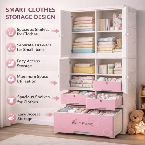 Image of AYSIS Kids Plastic Collapsible Wardrobe Organizer for Storage with Drawers | Cute Cartoon Design | Heavy Duty Cloth Organizer for Storage | Easy to Assemble | Perfect for Kids Room & Home | Sweet