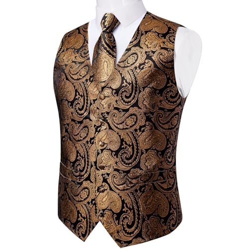 Image of DiBanGu Mens Vest and Tie Set Formal Paisley Waistcoat and Necktie Pocket Square Cufflinks Silk Suit Vest for Tuxedo Wedding