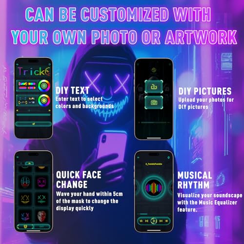 Xynzzeu Led Mask Costume with APP Controlled, Led Halloween Mask, Funny Light Up Halloween Face Mask for Christmas Birthday Cosplay Party, Glow Up Mask for Kids Men Women