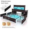 LUXOAK Full Bed Frame with 49.6 Bookcase Headboard & 2 Bedside Stoage Racks & 4 Drawers, Farmhouse Wood Bed Frame with RGB LED & Charging Station, No Box Spring Needed, Black