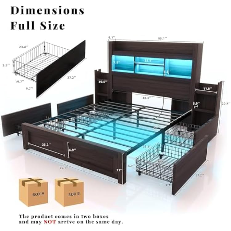 LUXOAK Full Bed Frame with 49.6 Bookcase Headboard & 2 Bedside Stoage Racks & 4 Drawers, Farmhouse Wood Bed Frame with RGB LED & Charging Station, No Box Spring Needed, Black
