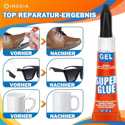 Sekundenkleber Gel (12er-Pack x 3g) – extra starker & wasserfest Superkleber für schnelle, flexible Sofortreparaturen, transparent kontakt Kleber für Kunststoff, Holz, Porzellan, Glas uvm.