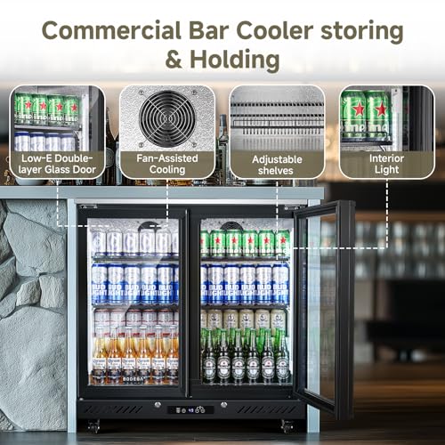 Image of BODEGACOOLER Back Bar Cooler with 2 Glass Doors,7.7 Cu.ft Commercial Bar Beverage Refrigerator Under Counter LED Lighting for Soda Drinks,Beer,Wine with Stainless Steel Top,DOE Approved,4 Casters