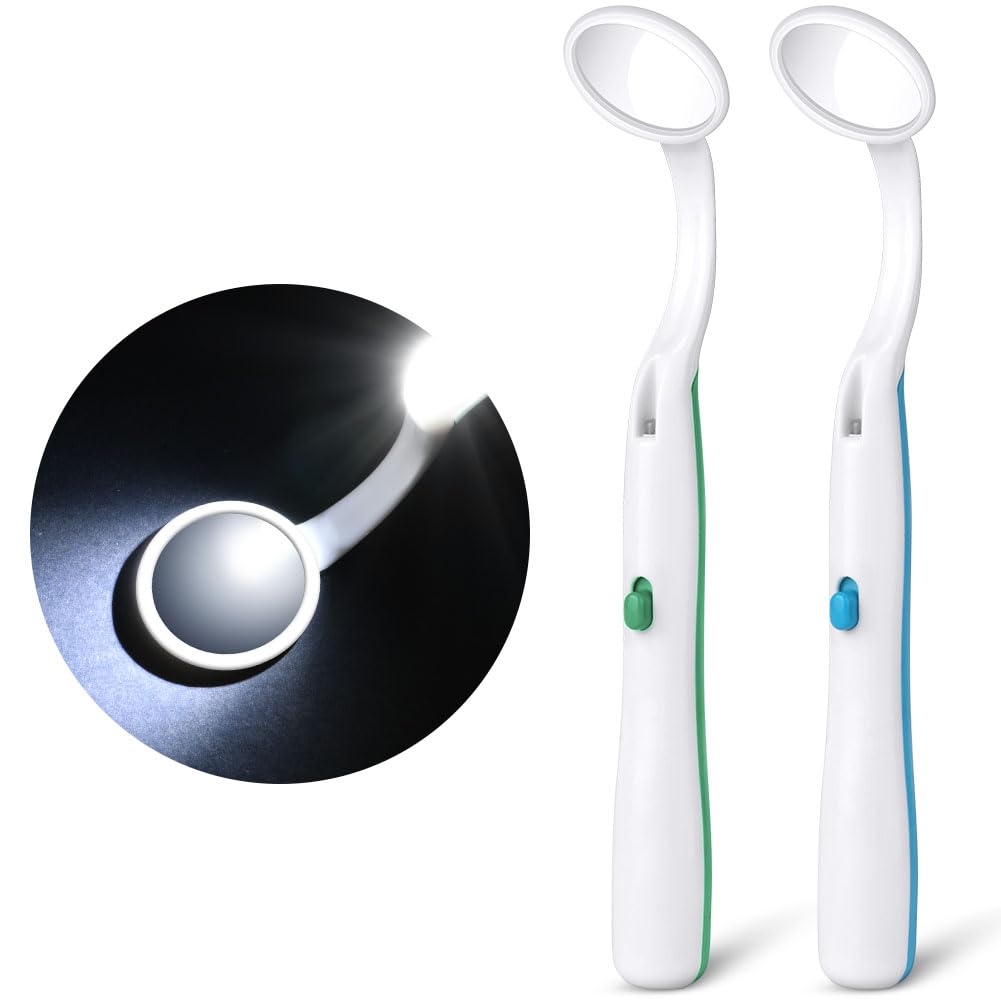 ACWOO Mundspiegel mit LED-Licht, 2 Stück Oral Dental Mirror Dentalspiegel, Zahnarztspiegel mit Anti-Fog-Beschichtung, Mund Zahn Inspektion Spiegel, Zahnpflegespiegel für Zahnpflege (Blau+Grün)