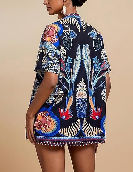 Women Boho Tropical Print Beach Cover Up Shorts Set 2 Piece Summer Lounge Outfit Lightweight Swimwear Matching Outfit - Image 3