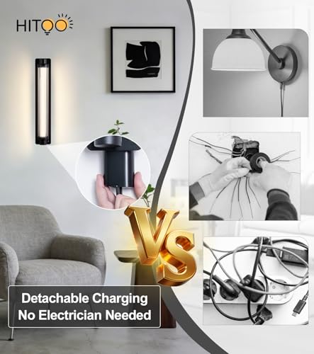 Image of Set of 2 Modern Black Detachable 15000mAh Battery Wall Sconces | 15000mAh detachable long runtime battery,remote dimmable timer,renter-friendly no hardwire light for wall art bedroom hallway