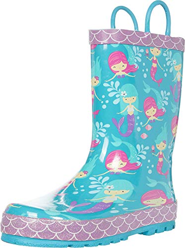Western Chief Kids Girls Waterproof Printed Rubber Rain Boots with Easy-On Handles, Mermaid Aqua, 10 Toddler