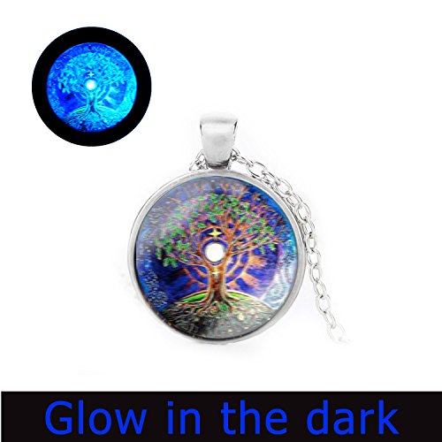 Glowlala@ Tree of Life Necklace Glow in the Dark Moon and Tree Glowing Necklace Full Moon Blue and Green Art Pendant (silver)