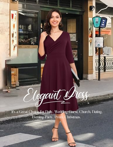 Bbonlinedress Women Cocktail Wrap Wedding Guest Formal Dresses V Neck 3/4 Sleeve Vintage Tea Length Midi Party Dress2