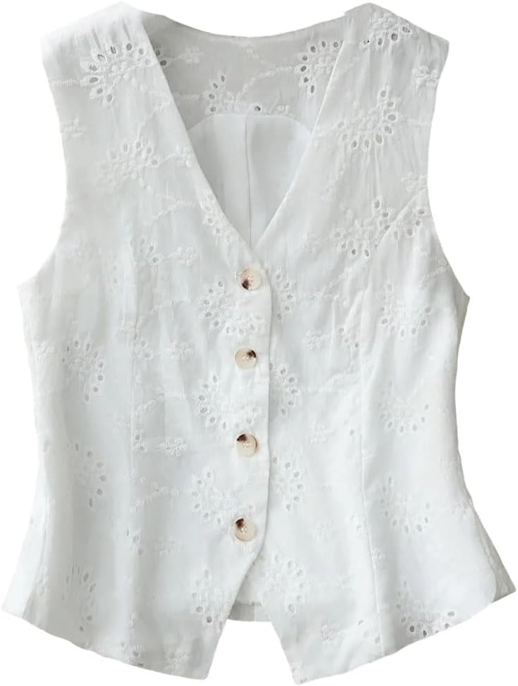 Women's Elegant Lace Cutout Vest V-Neck Sleeveless Buttons Embroidered Front Bohemian Style Summer Top