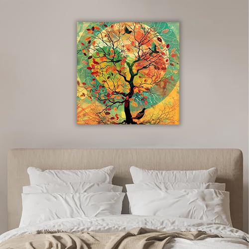 Image of PAINTINGMANTRA Sun Tree Birds Stretched Canvas Painting for Living Room | Nature Tree Silhouette Wall Decor Art For Livingroom, Bedroom, Office, Hallways - 34x34 Inch