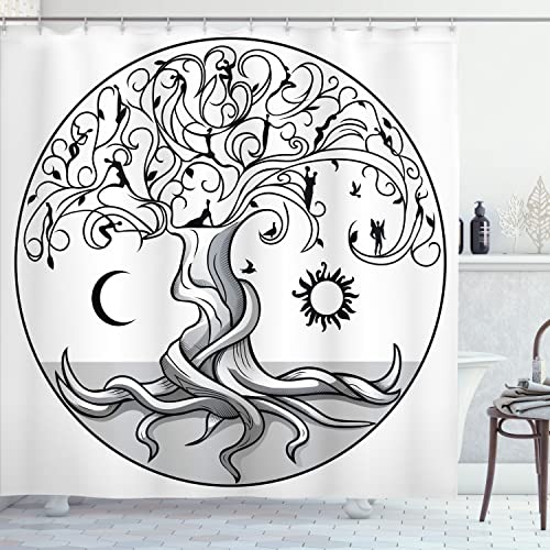 Lunarable Sun and Moon Shower Curtain, Life Tree with Swirling Branches and Angels, Cloth Fabric Bathroom Decor Set with Hooks, 69