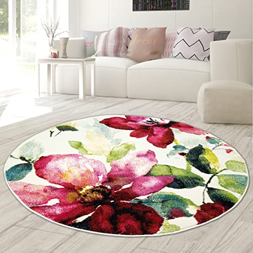Designer Teppich Moderner Teppich Wohnzimmer Teppich Blumenmotiv Creme Grün Türkis Rosa Pink...