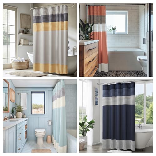 Image of Madison Park Amherst Bathroom Shower Curtain Faux Silk Pieced Striped Modern Microfiber Bath Curtains, 72x84 Inches, Blue
