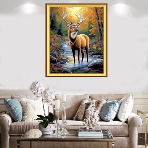 Image of Foxnyart Stamped Cross Stitch Kits Full Range of Embroidery Needlework Starter Kits for Beginners Adults 11CT Embroidery Patterns Art Crafts DIY Needlepoint Kit-Forest elk 16x20 inchs