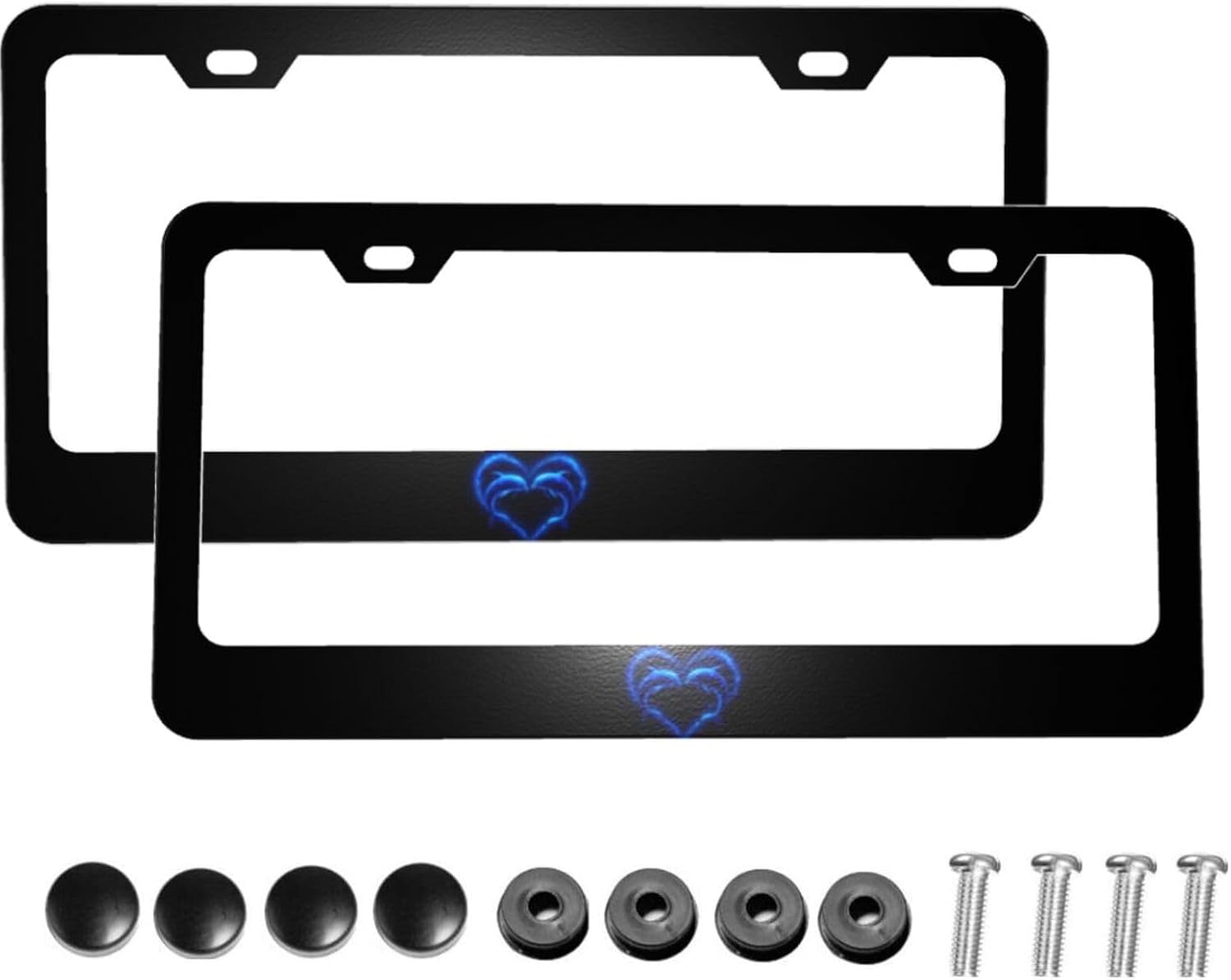 Dolphin Heart Matte Aluminum License Plate Frame with Black Screw Caps，2pcs 2 Holes Black Licenses Plates Frames,Car Licenses Plate Covers Holders for Us Vehicles/Women/Men