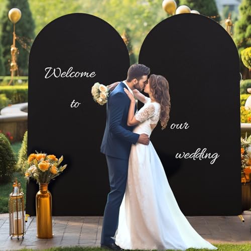 Image of Black Arch Backdrop Cover 7.2FT Spandex Fitted Wedding Arch Stand Covers Round Top Chiara Arch Covers Stretchy Backdrop for Birthday Party Ceremony Banquet Decoration