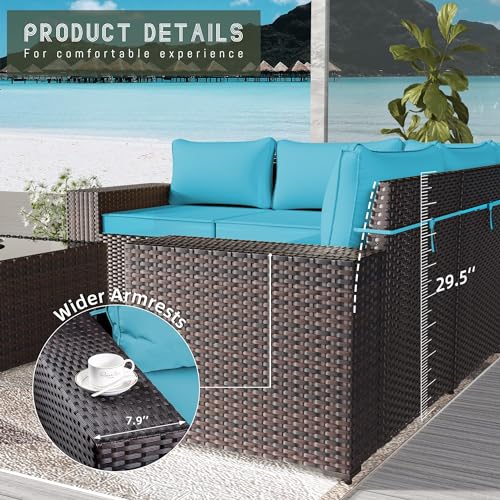 Image of 13 PCS Outdoor Patio Furniture Set,Outdoor Sectional Furniture with 43 inch 55000 BTU Gas Propane Fire Pit Table,All Weather PE Rattan Wicker Patio Conversation Set,Turquoise Blue