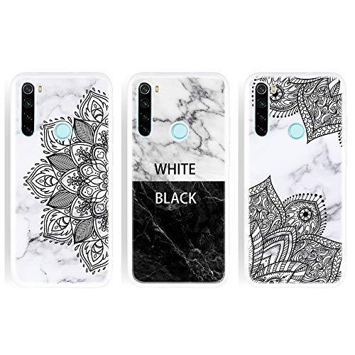 LeviDo 3X Funda Compatible para Xiaomi Redmi Note 8T Silicona Bumper Caucho Caso TPU Mármol Case Delgado Goma Antigolpes Parachoque Cover, Mandala-Black White-Flor 1