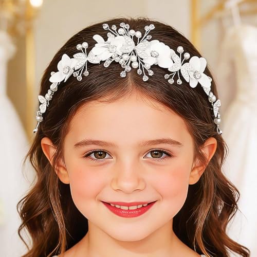 Campsis Flower Girl Headband, White Floral Princess Headpiece, Rhinestone Wedding Hair Accessory for Women, Handcrafted with Pearls and Crystals
