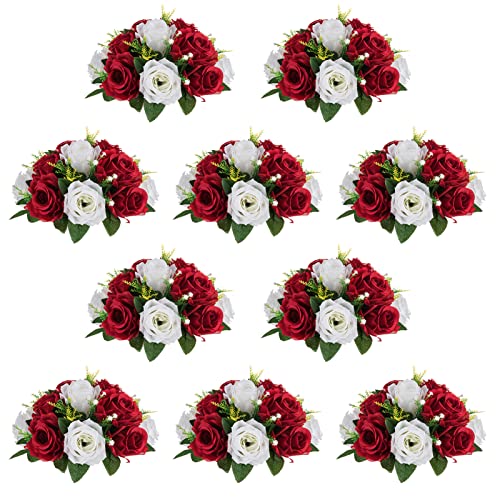 Image of NUPTIO Artificial Flower Centrepieces for Tables - 10 Pcs Crimson & White Fake Flowers Roses Balls 9.5in Diameter - Silk Faux Rose Arrangement for Wedding Party Centerpiece Table Decorations