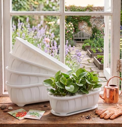 Image of Plastic Rectangle Round Corner Flower Pots with Drainage Hole Saucers Durable Outdoor Indoor Planters with Tray Plant Containers for Balcony, Garden, Home & Office (White, 5)