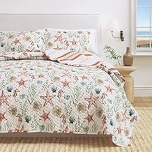 Great Bay Home Coastal Quilt Set - 3-Piece King/California King Size Nautical Bedding Set - Lightweight, All-Season, Reversible Bedspread Seahorse & Shells