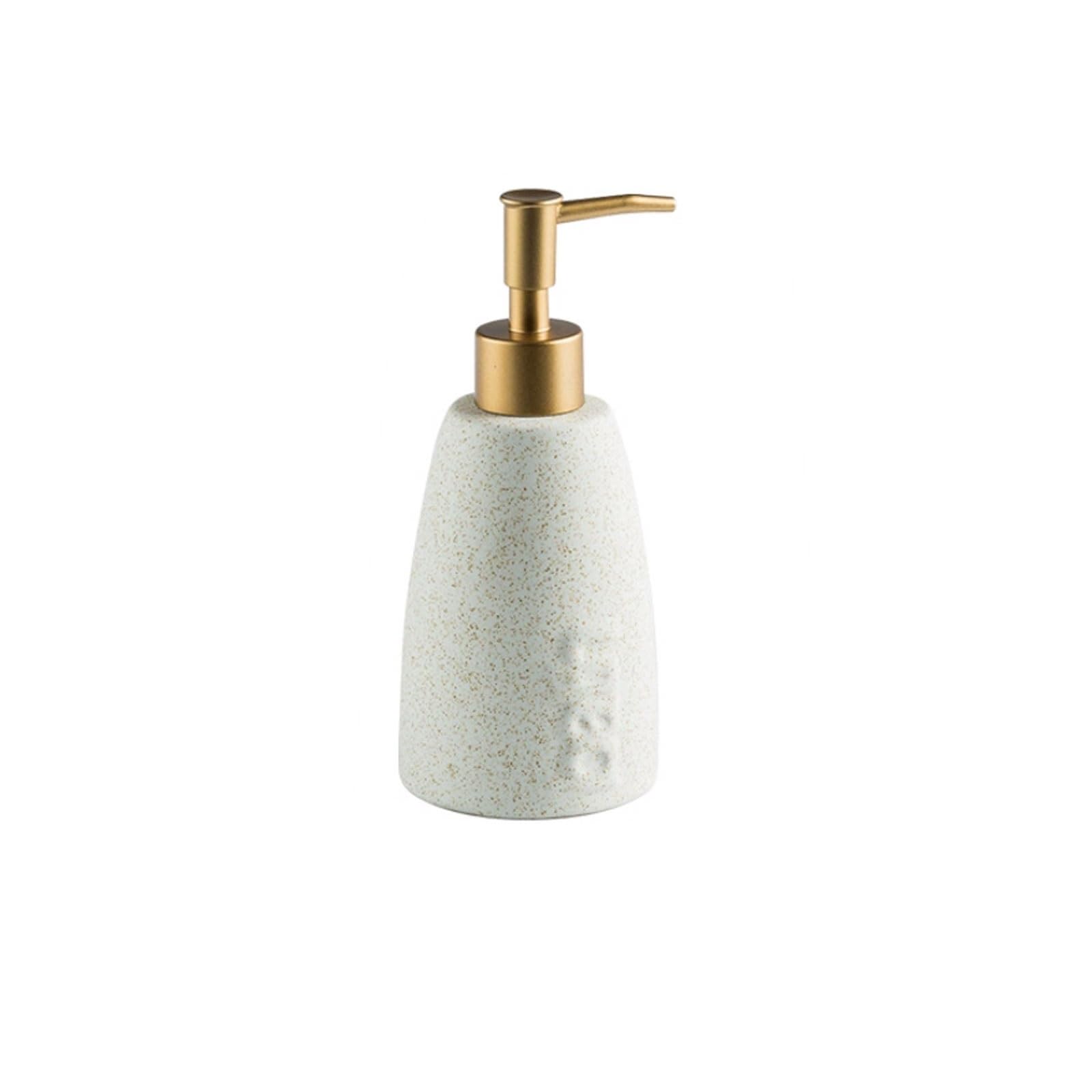 11.1oz Ceramic Soap Dispenser 3D Embossed English Text, Matte Metal Elastic Pump, Countertop Lotion(Wei�)