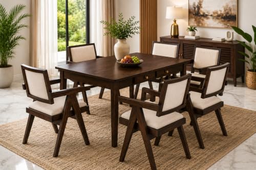 Image of 6 Seater Sheesham Wood Dining Table Set | Solid Wood Dining Table with 6 Upholstered Chairs | Dark Walnut Finish