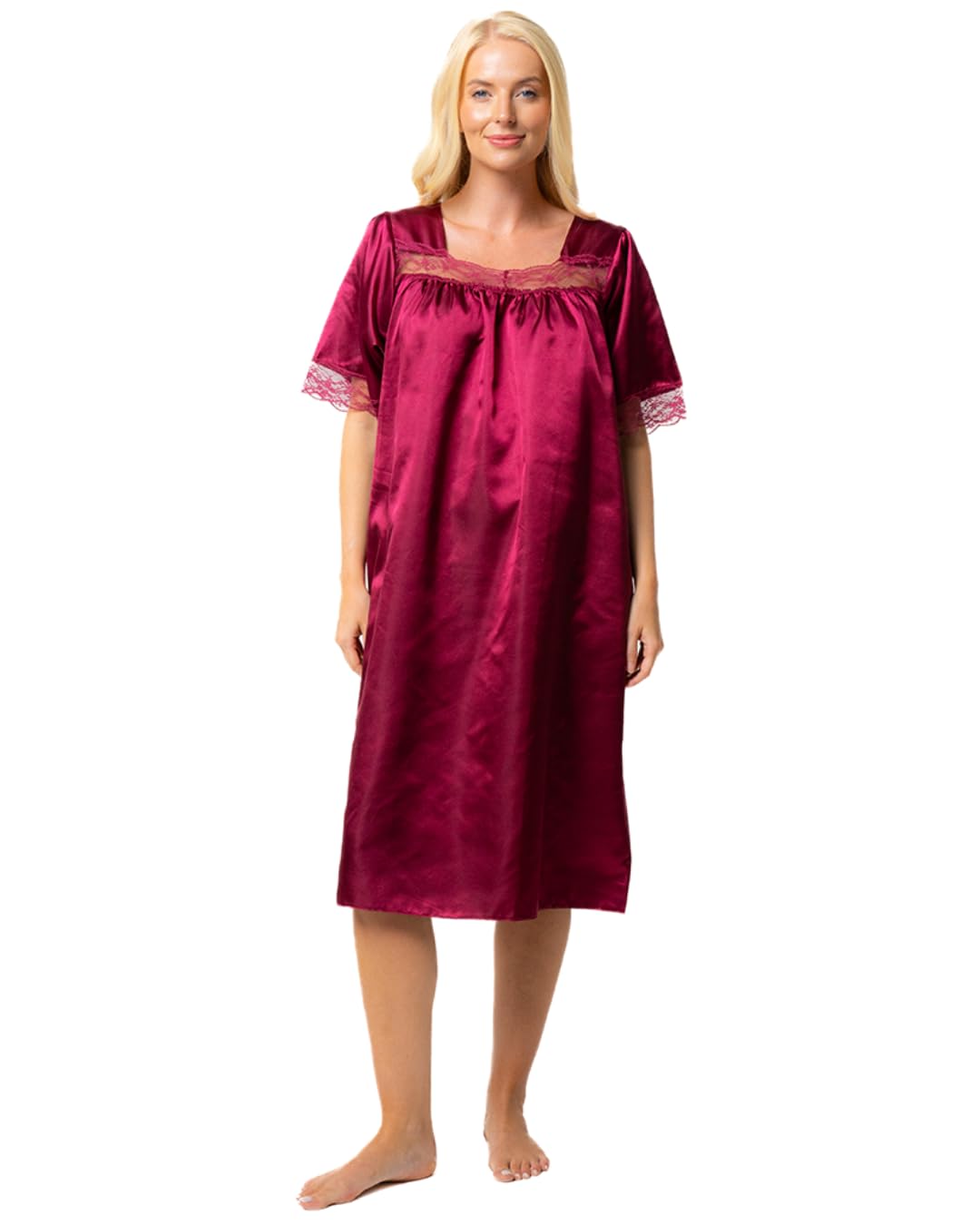 Suzy & Me Ladies Short Sleeved Lace Trim Satin Nightdress (RUBY, 20/22)
