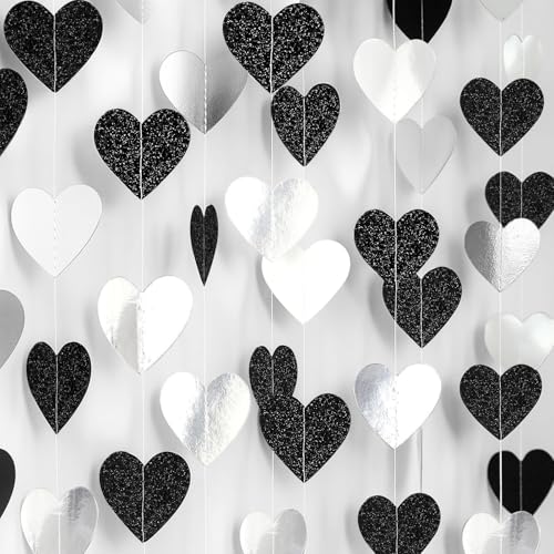 Image of Black White-Silver Party-Decoration Heart Garland - 39ft 21st Men Birthday Hanging Backdrop Streamers,Graduation Engagement Wedding Banner Bridal Baby Showers Bachelorette NYE Party Decor