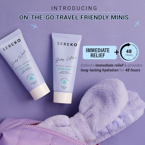 Image of Sereko 48H Skin Relief Body Wash and Lotion Travel Combo | Urea Treatment for Strawberry Legs, Detan, Brightening |Gentle Exfoliating, AHA & BHA Free for Very Dry, Flaky Skin 60ml
