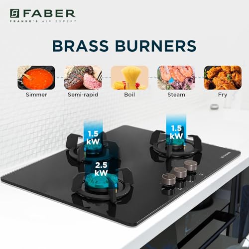 Image of Faber 3 Burner 70cm Hobtop|Auto-Ignition|Metal Knobs|Cast Iron Pan Support |Hob /Cooktop Hybrid| Black Glass Finish|5Yr Warranty on Glass,Valve & 2Yr on Burner by Faber|HOB PRIME HT703 CRS BR CI AI IN