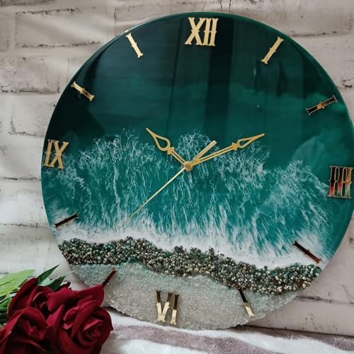 Image of Handmade Resin Wall Clock with Roman Numerals - Luxury Marble Effect Designer Wall Clock with Gold Finish, Silent Quartz Movement, Modern Home & Office Decor (Sea Green)