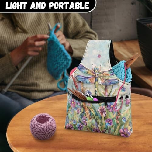 Image of KUIFORTI Dragonfly Crochet Bag Small Yarn Bags for Crocheting on The Go, Flower Crochet Hook Organizer Knitting Bags Canvas Crochet Bags and Totes