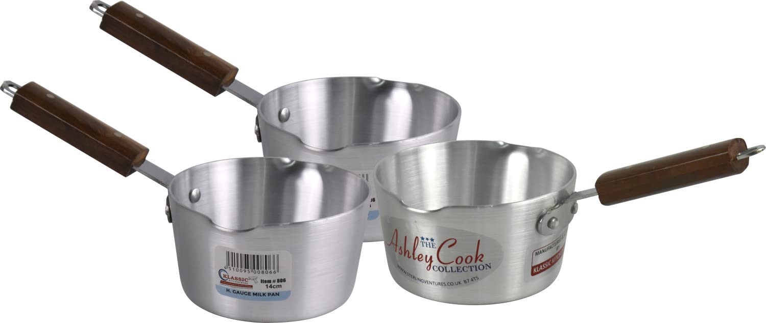 Milk Pan Set Aluminium Pan Soup Saucepan Combo Home Catering Restaurant Milk Pan with Wooden Handle (14cm Set of 3 Pans)
