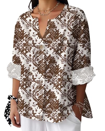 Boho Floral Shirts for Women 2025 Summer Casual 3/4 Sleeve Roll Up V Neck Blouses Button Down Loose Tunic Tee Tops