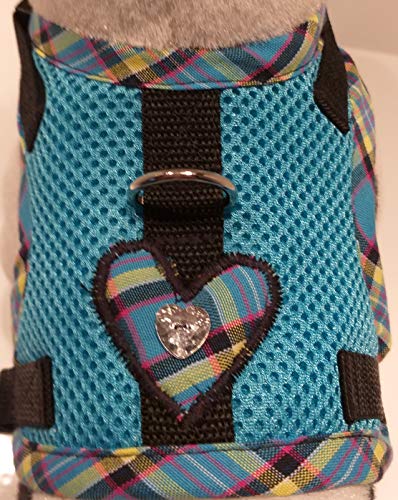 Masi Dogsdesign XS S M Softgeschirr Brustgeschirr Mesh Meshgewebe Air Mesh blau hellblau kariert Karo Herz Glitzer Straß Hunde Chihuahua Hundegeschirr verstellbar (S) Cover