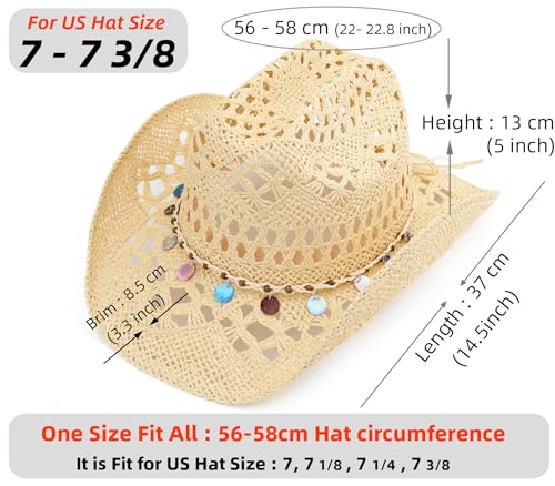 Image of Straw Cowboy Hat, Western Cowgirl Hat, Wide Brim Sun Beach Hat for Men and Women