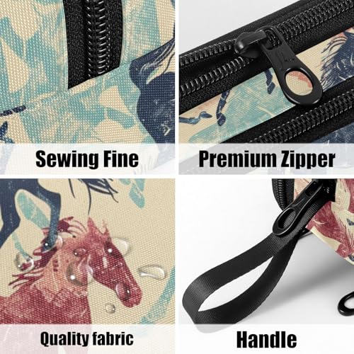 Image of Fustylead Retro Colorful Running Horse Silhouette Large Pencil Pen Case Stationery Bag 3 Compartments School College Office Organizer