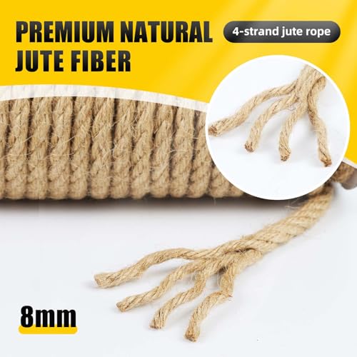 Image of Natural Jute Twine, 8MM x 50FT Jute Rope Roll, Heavy Duty Thick Twine for Cat Scratching Post, Bundling, Gardening and DIY Crafts